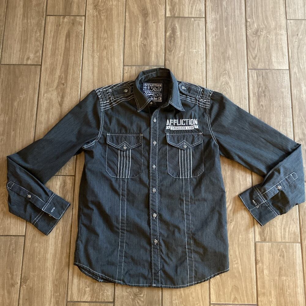 Affliction Buckle Shirt Mens Black Embroidered Premium Pockets Button Down